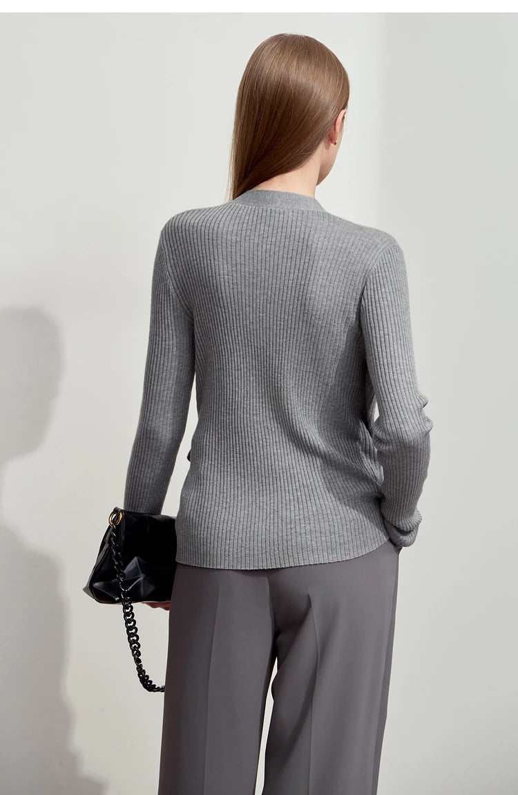 Damen V-Ausschnitt Pullover plissiert Muschelschnalle Wolle Herbst
