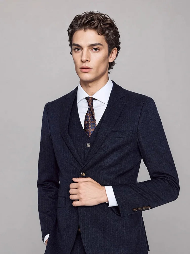 Elegante Herren-Anzughose in Tiefblau mit Streifenmuster – Slim Fit im koreanischen Stil für Büro und Hochzeit, auch in großen Größen erhältlich.