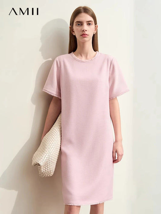 Rosa Damen-Midi-Kleid mit geradem Schnitt, Rundhalsausschnitt und Fransen am Saum