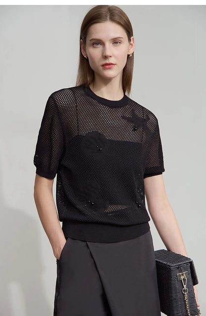 Damen Top im minimalistischen Ozean-Stil mit Perlenbesatz und durchbohrten Löchern