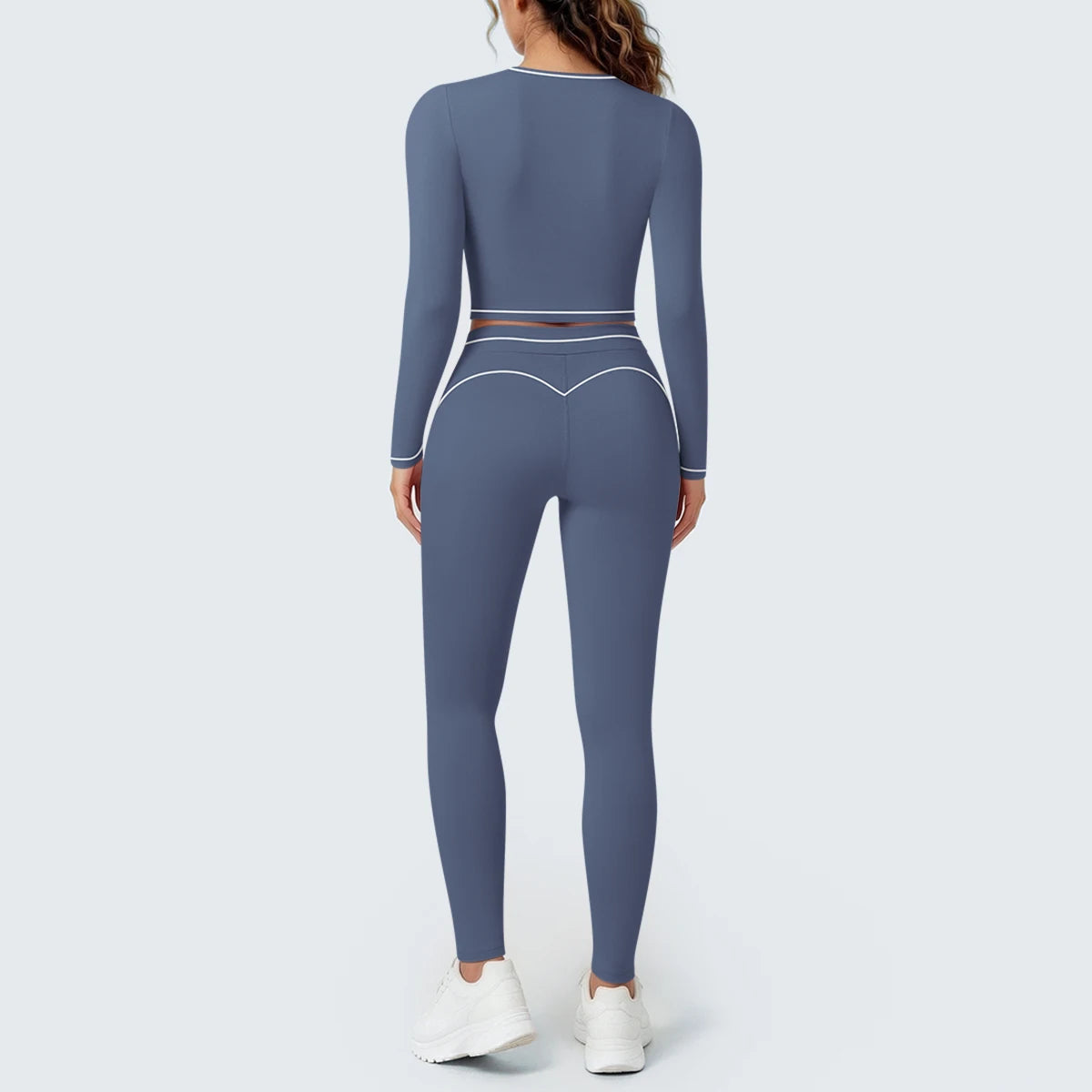 Damen-Yoga-Set dunkelblau: Rückansicht Langarmshirt und enganliegende Leggings