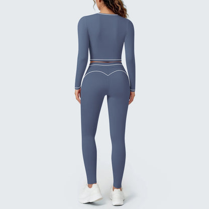 Damen-Yoga-Set dunkelblau: Rückansicht Langarmshirt und enganliegende Leggings