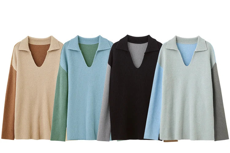 Damen V-Ausschnitt Pullover Patchwork Raglan locker Herbst-Winter