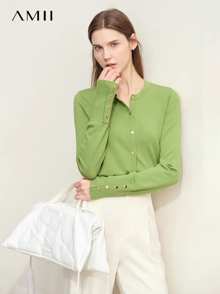 Damen-Strickjacke Rundhals Wolle Metallknopf französisch Büro Frühling
