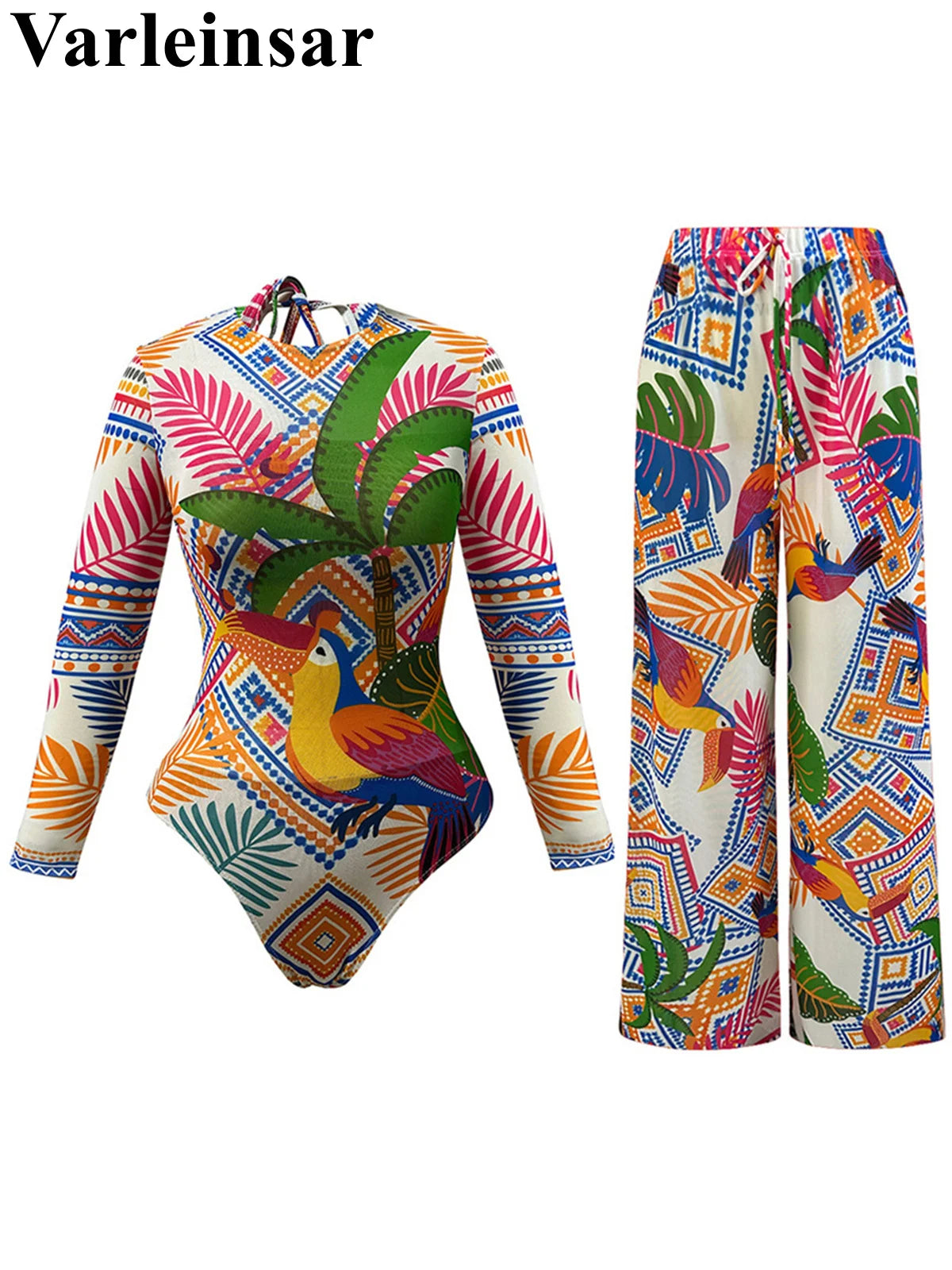 Damen-Badeanzug Print Langarm Sarong-Hose Set gepolstert