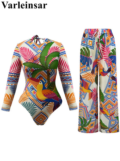 Damen-Badeanzug Print Langarm Sarong-Hose Set gepolstert