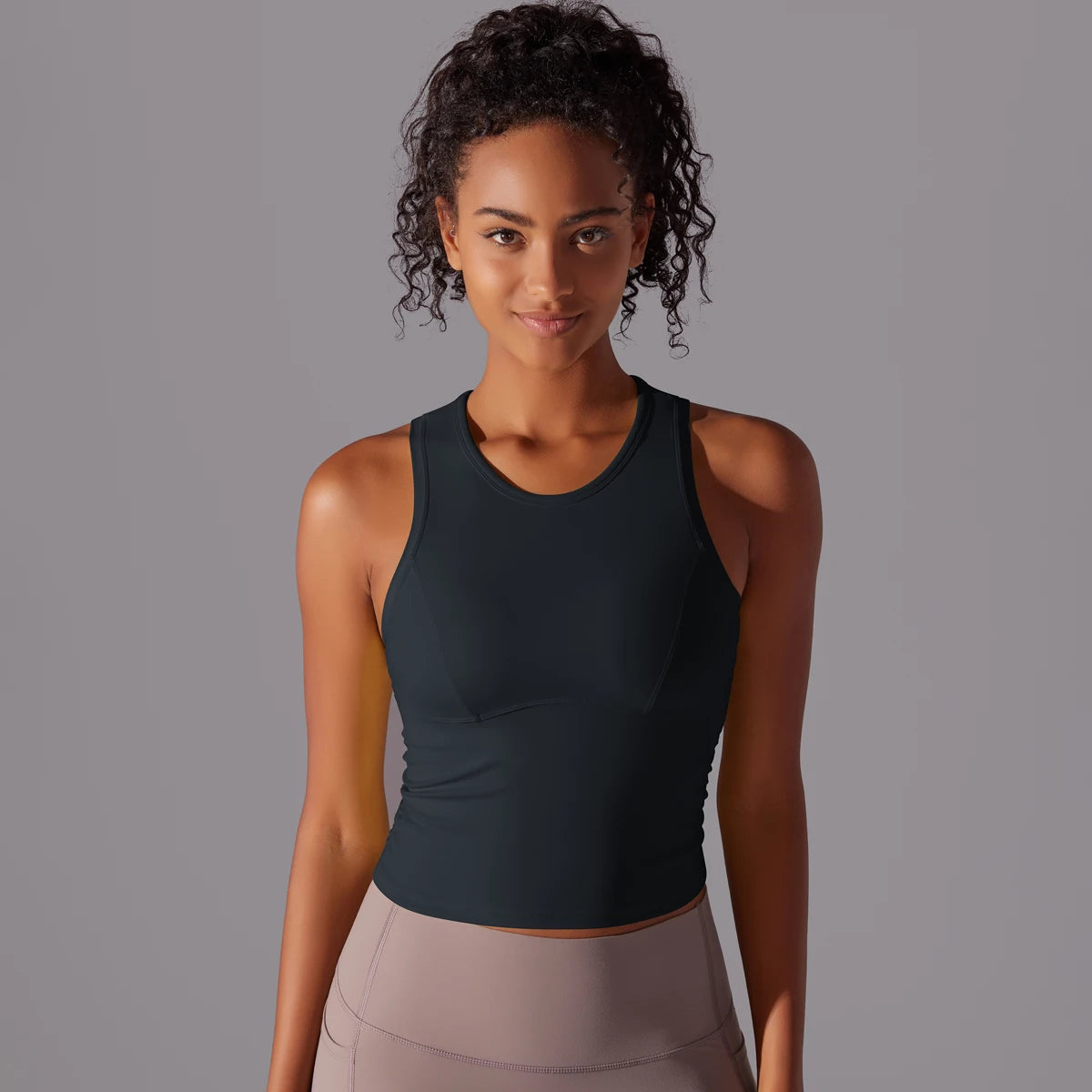Dunkelgraues Yoga-Tanktop für Damen, ärmellos, Rundhalsausschnitt, tailliert