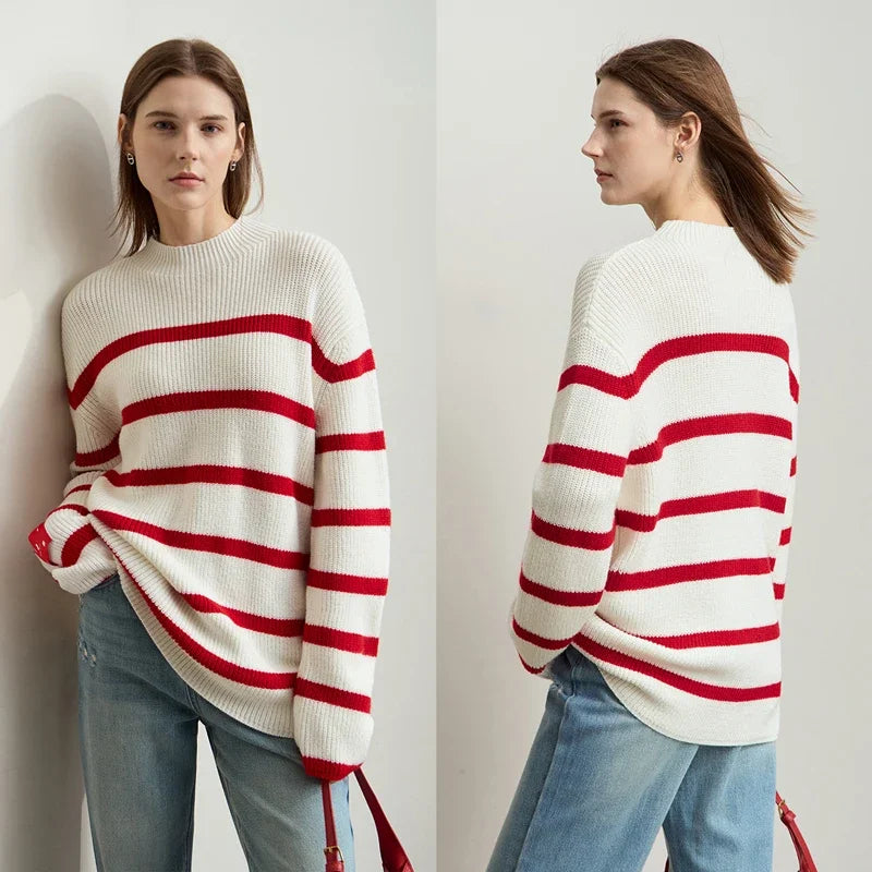 Damen-Strickjacke Streifen Stehkragen Kontrastfarben locker Weihnachten Winter