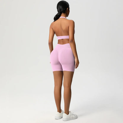 Nahtloses Yoga-Set mit Push-up-BH und Shorts, pfirsichfarben, Rückansicht