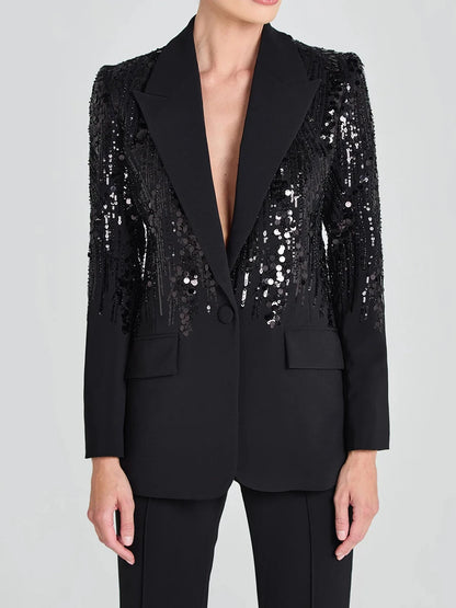 Elegantes Damen-Zweiteiler-Set mit langärmligem Kragenoberteil und hoch taillierter Hose mit Diamantdetails und Schlitz.