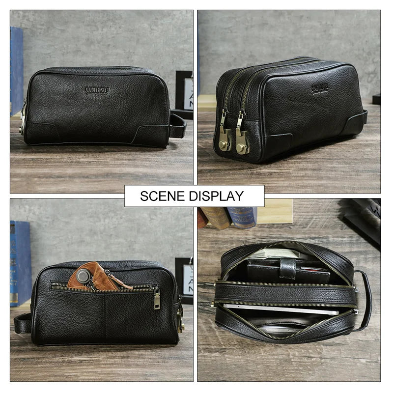 Herren-Clutch aus Leder mit Trageriemen, zwei Reißverschlüsse und Metallcode-Schloss