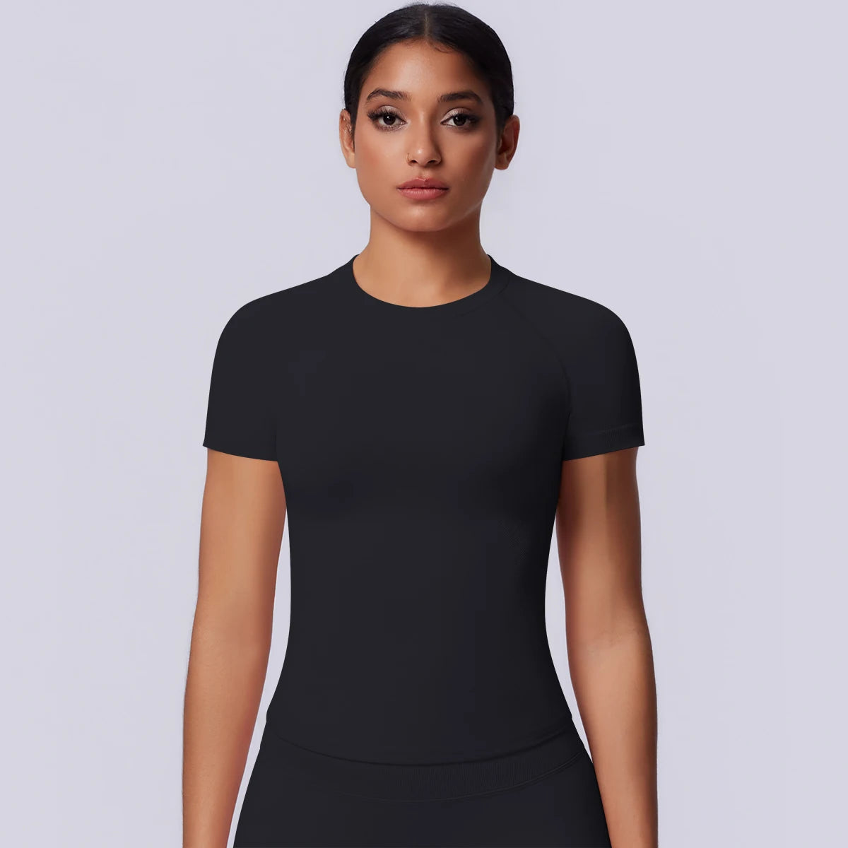 Nahtloses Funktionsshirt für Damen in Schwarz, Kurzarm, nahtloser Schnitt