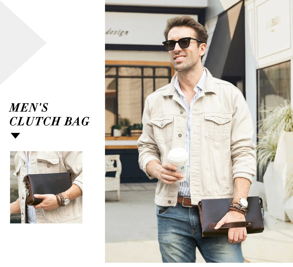 Braune Leder-Clutch, Reißverschluss und schlichtes Vintage-Design am Handgelenk