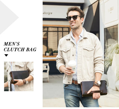 Braune Leder-Clutch, Reißverschluss und schlichtes Vintage-Design am Handgelenk