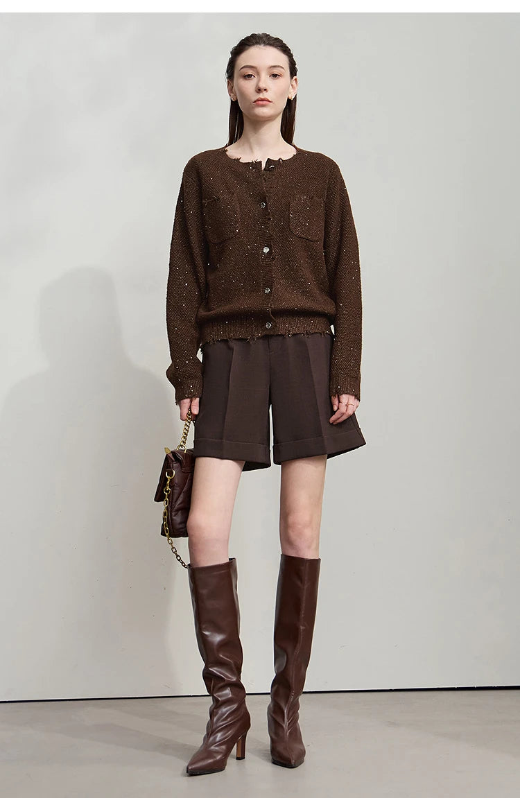 Damen-Strickjacke Rundhals englischer Stil einfarbig elegant Herbst