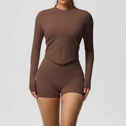 Yoga-Set für Damen, braune Langarmjacke mit Reißverschluss und Shorts