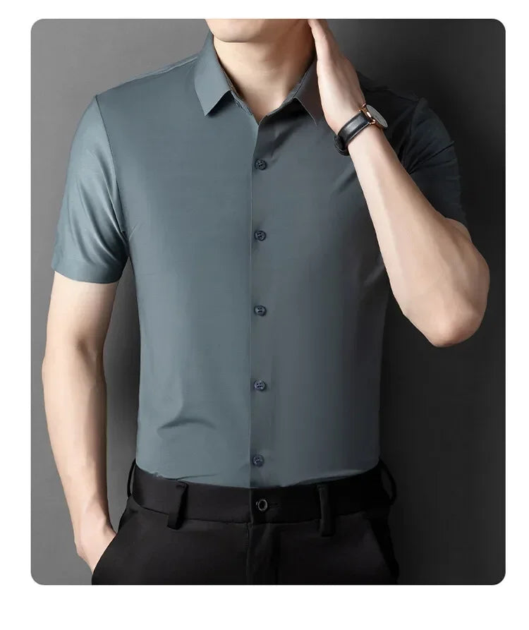 Herren-Hemd mit Vier-Wege-Stretch, Farbblock-Diamantmuster und Knopfleiste – ideal für Business-Casual und formelle Anlässe.