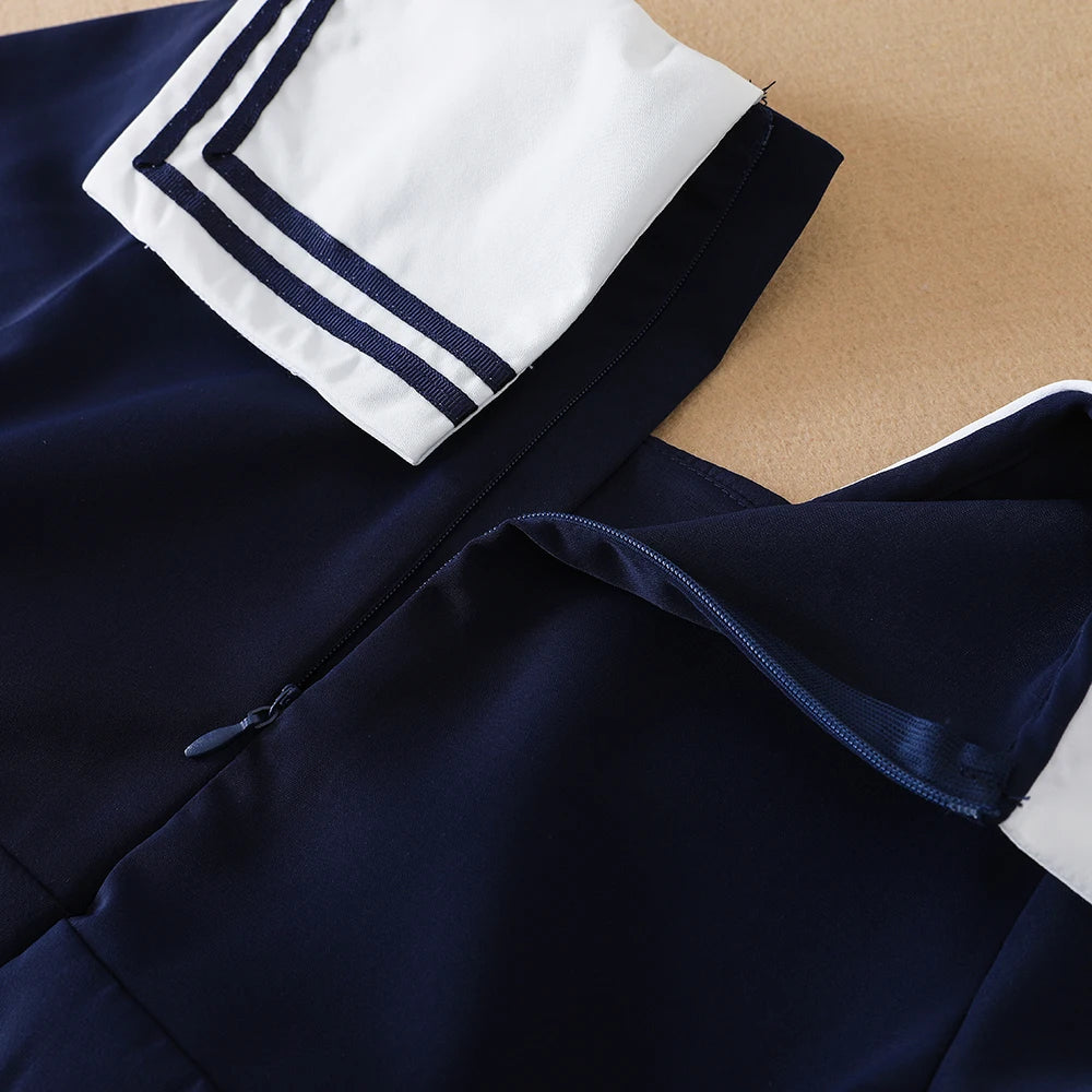 Kurzärmliges Sommerkleid für Mädchen für 5–12 Jahre, adrette Kleider mit gestreiftem Kragen im College-Stil, Kleidung für den Schulanfang