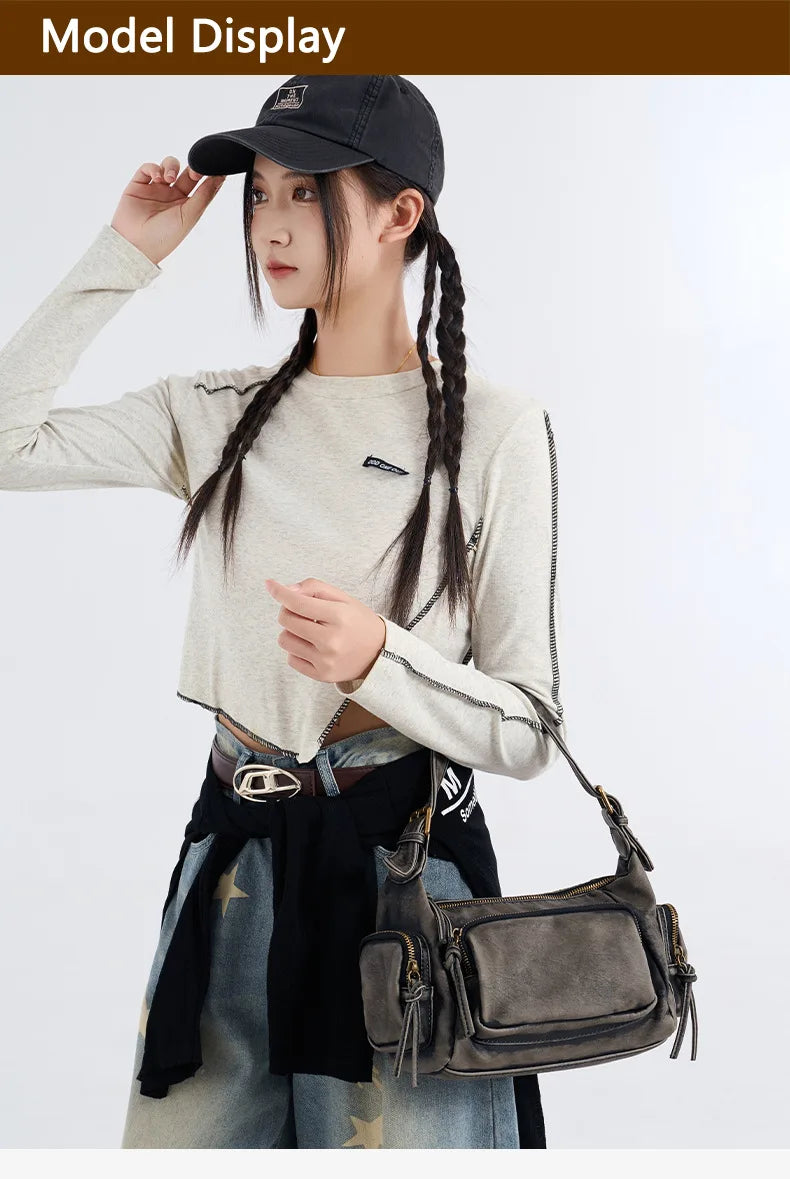 Damen-Hobo-Tasche aus Leder im Vintage-Look mit Mehrfach-Fächern und Tassel-Reißverschluss Alltagsbegleiter