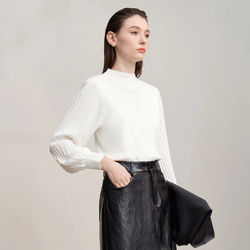 Damen-Strickjacke Slim halbhoher Kragen Laternenärmel Wolle-Mix Herbst