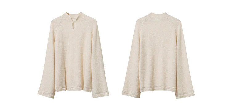 Beiger Wollpullover mit Stehkragen und Knopfleiste vorn, Vorder- und Rückseite.