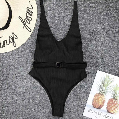 Damen-Badeanzug gerippt High-Cut Gürtel Monokini 6 Farben