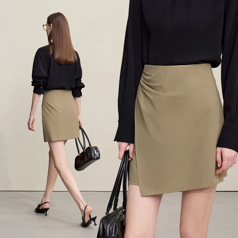 Asymmetrischer Minirock aus Stretch, khaki, asymmetrischer Wickel-Look