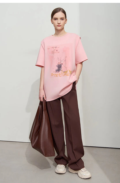 Damen T-Shirt im minimalistischen Stil mit lässigem O-Ausschnitt und Kunstdruck