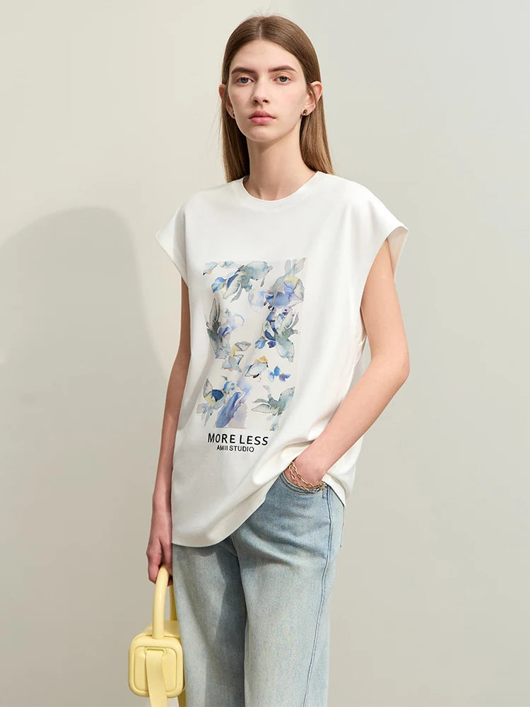 Damen T-Shirts im Minimalismus-Stil mit lässigem O-Neck und Blumen-Druck