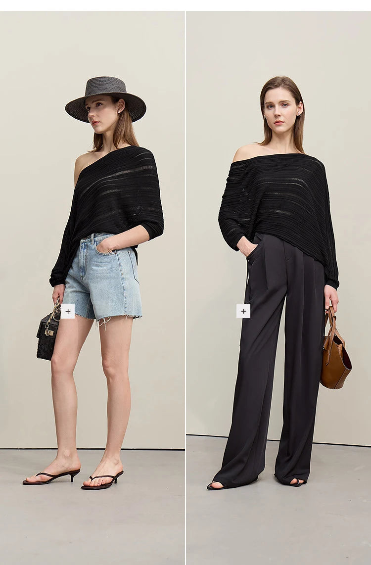 Schwarzer off-shoulder Pullover, lässige Passform, lange Ärmel