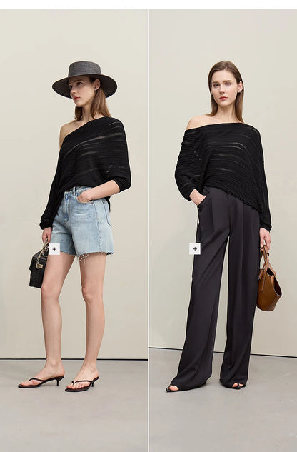 Schwarzer off-shoulder Pullover, lässige Passform, lange Ärmel