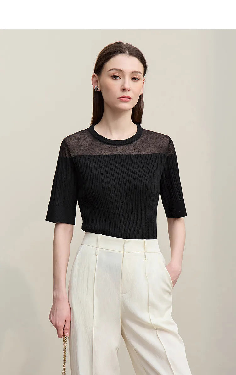 Damen-Stricktop, schwarz, halbarm, rundhalsausschnitt mit leichtem Mesh-Einsatz vorn