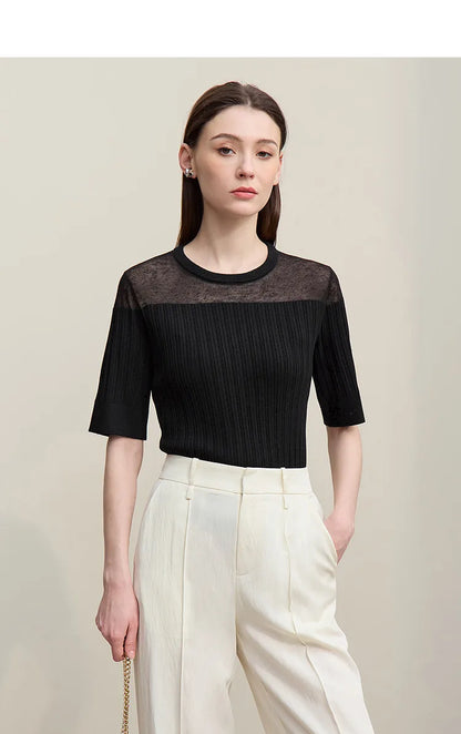 Damen-Stricktop, schwarz, halbarm, rundhalsausschnitt mit leichtem Mesh-Einsatz vorn