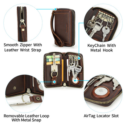 Braune Schlüsselbrieftasche aus Leder mit Reißverschluss, Schlüsselhaken und Schlüsselring