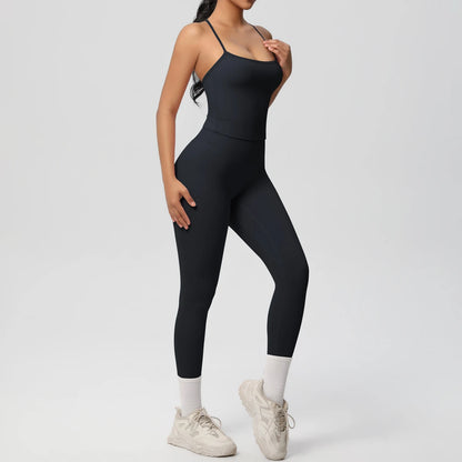 Damen Yoga-Set schwarz: Trägershirt mit Spaghettiträgern und Leggings