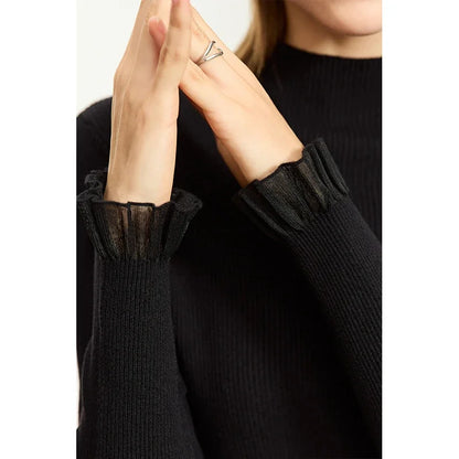 Damen-Rollkragen-Strickpullover, langarm, schwarz, gerippter Stoff und breiter Ärmelabschluss