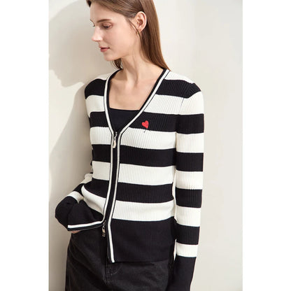 Damen-Strickjacke Kaschmir-Wolle Slim Streifen Reißverschluss Herbst