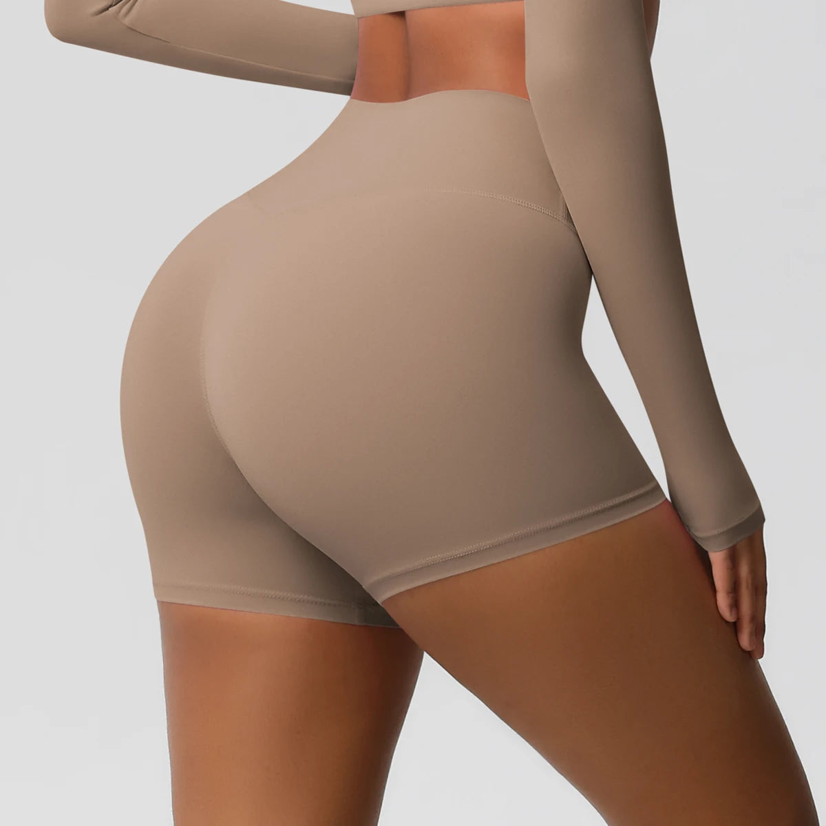 Damen-Sportshorts mit hoher Taille, beige, eng anliegend