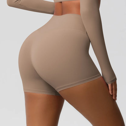 Damen-Sportshorts mit hoher Taille, beige, eng anliegend