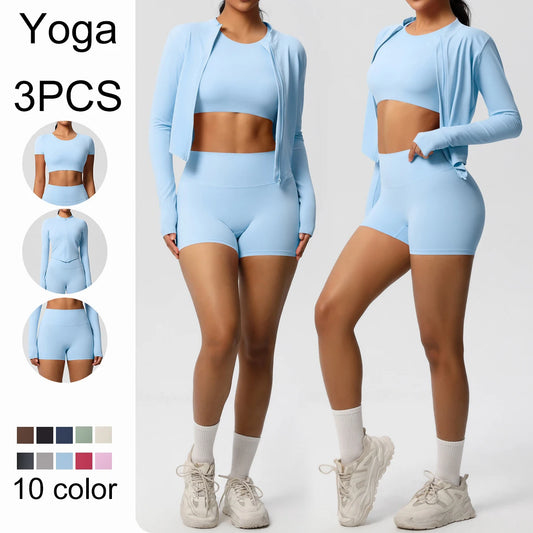 Hellblaues Yoga-Set mit Crop-Top, Shorts und offener Reißverschlussjacke, langarm