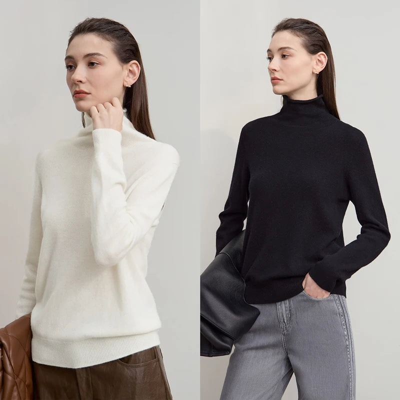 Damen-Rollkragenpullover Wolle-Kaschmir locker einfarbig Herbst
