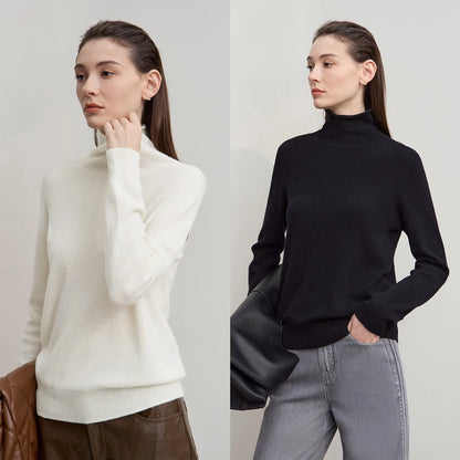 Damen-Rollkragenpullover Wolle-Kaschmir locker einfarbig Herbst