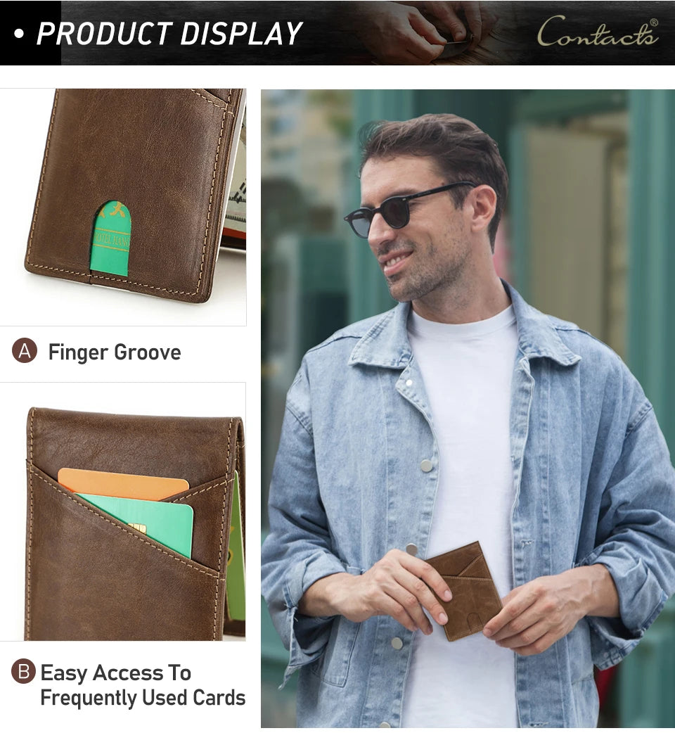 Herren Echtleder Geldbörse Retro RFID Geldclip Daumenfach Fotohalter Mini Reise