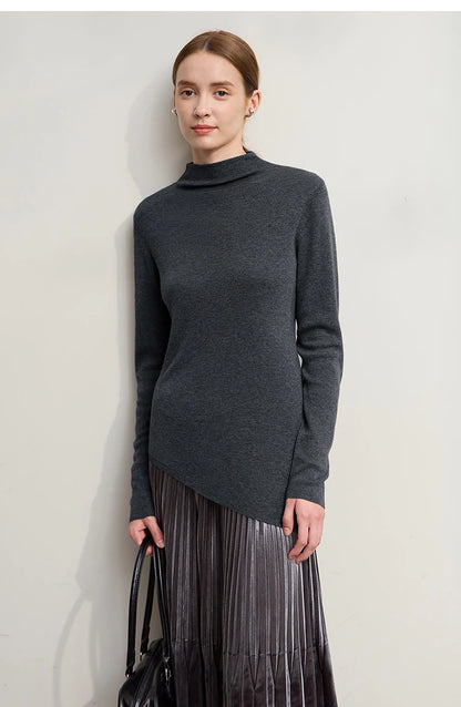 Amii-Pullover in dunkelgrau meliert mit Halb-Rollkragen, langärmlig, asymmetrischer Saum