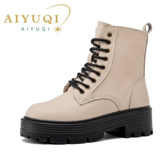Beige Damen-Kurzstiefel aus Leder mit Schnürung und dicker Plateau-Sohle