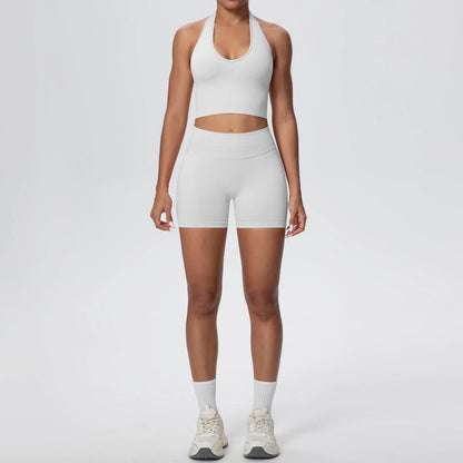 Damen Yoga-Set aus Bustier und High-Waist-Shorts, weiß, ärmellos