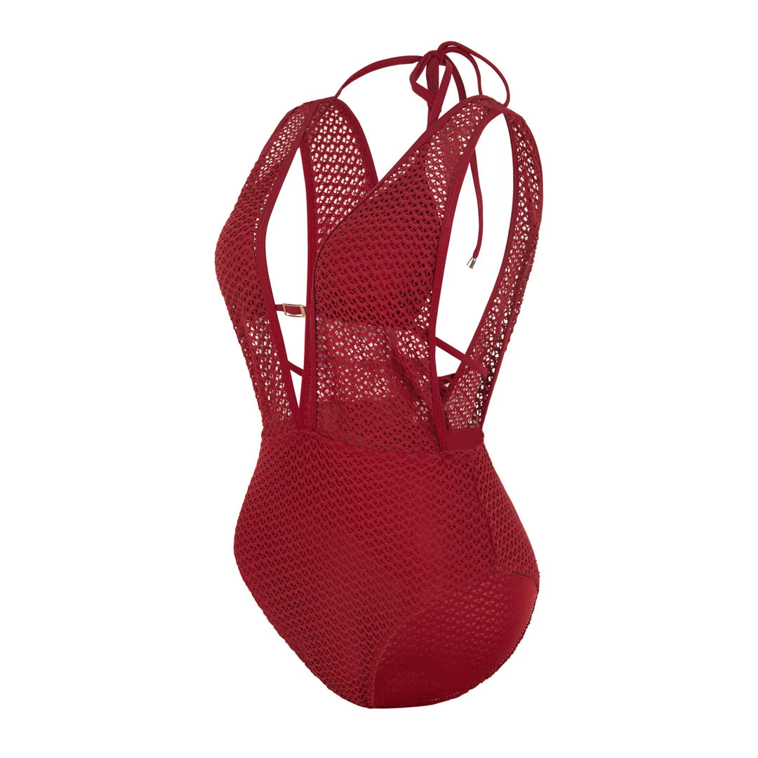 Damen-Badeanzug V-Ausschnitt Netzstrick rückenfrei Monokini Weste