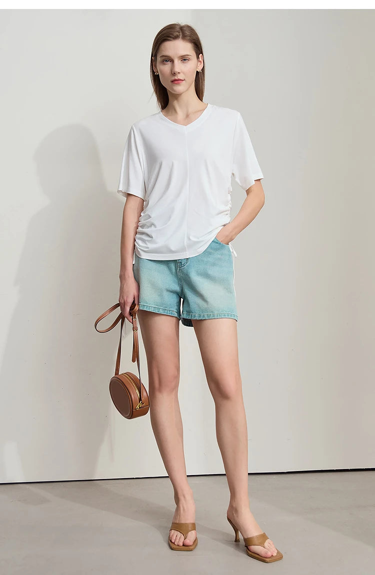Damen T-Shirt mit solidem V-Ausschnitt und Kordelzug für den Sommer