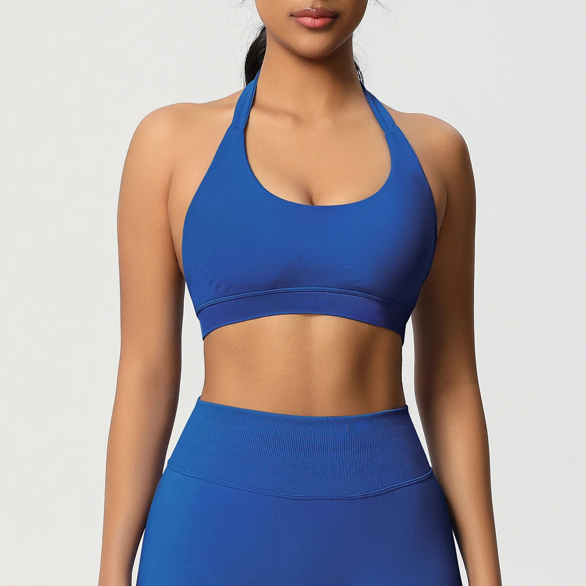 Nahtloser Sport-BH mit Push-up, blau, Racerback, Rundhalsausschnitt, breiter Komfortbund