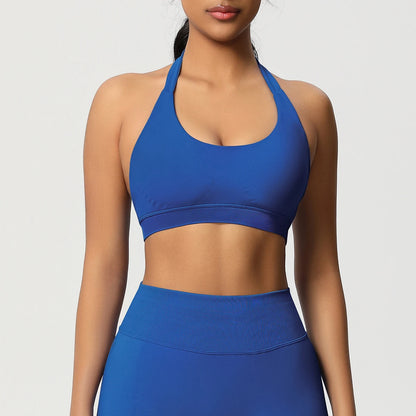 Nahtloser Sport-BH mit Push-up, blau, Racerback, Rundhalsausschnitt, breiter Komfortbund